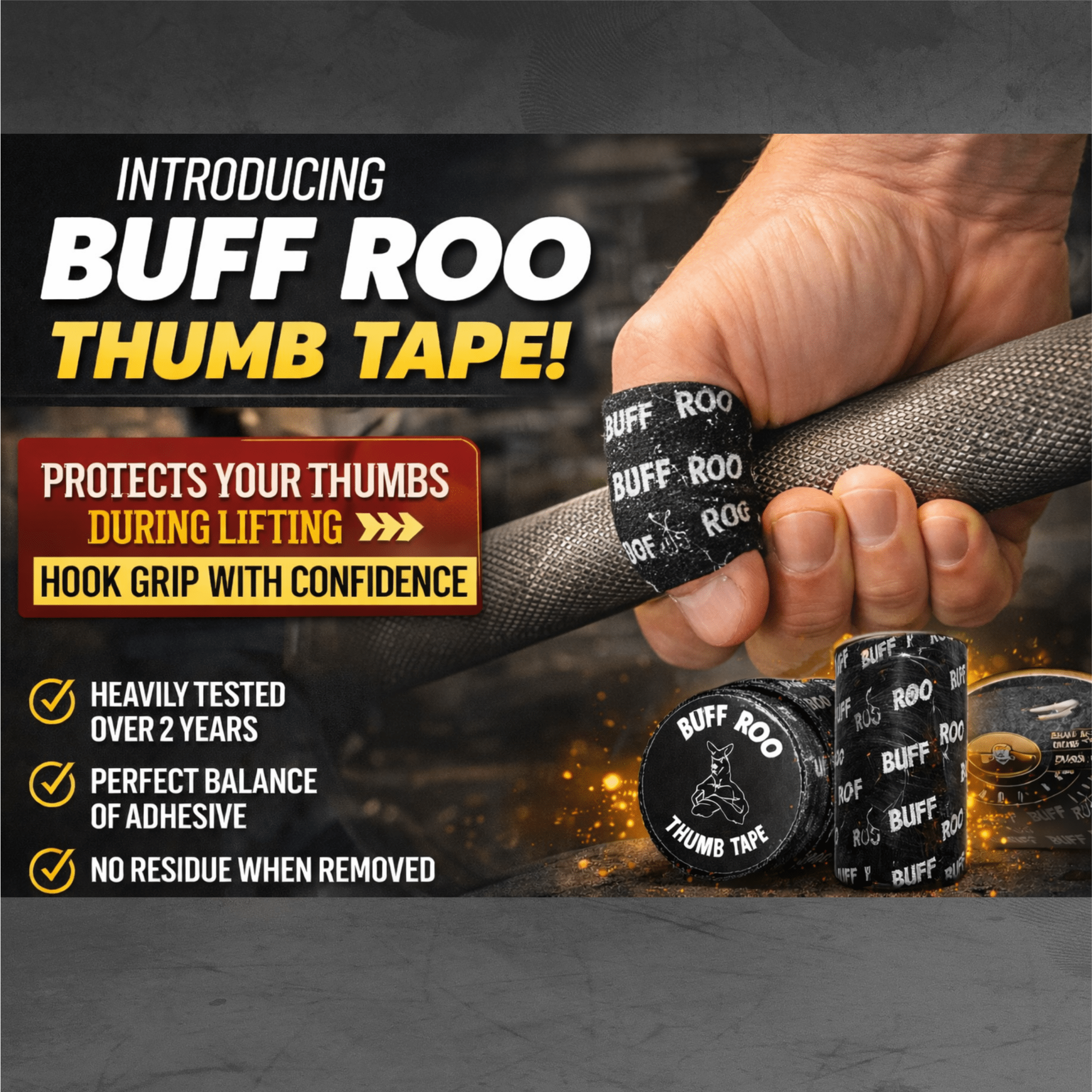 Buff Roo Thumb Tape – 7m Hook Grip Tape for Weightlifting & CrossFit - Buff Roo Fitness